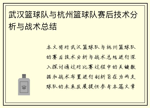 武汉篮球队与杭州篮球队赛后技术分析与战术总结